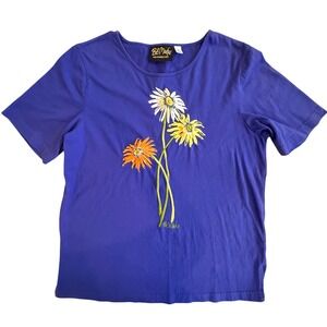 Vintage 90s Bob Mackie Wearable Art Blue Floral Embroidered Cotton T-Shirt M